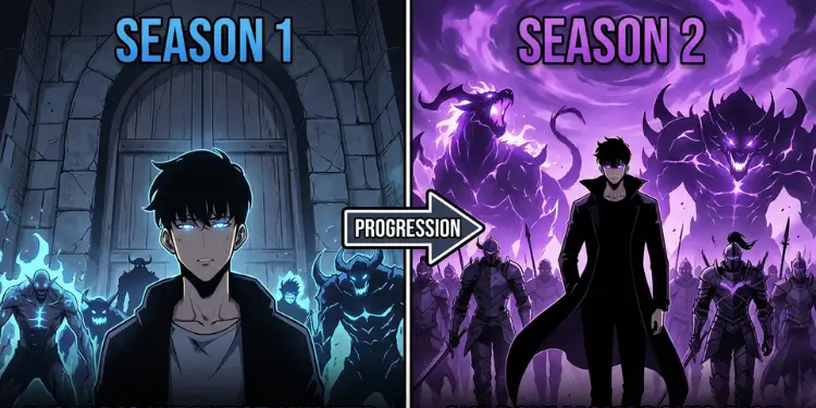 Side-by-side comparison of Solo Leveling Season 1 and Season 2, showing Jinwoo's progression from lone hunter to shadow army commander
