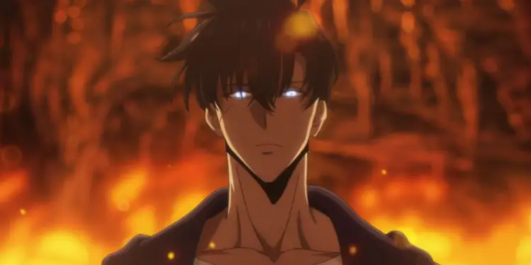 Sung Jinwoo with glowing blue eyes staring forward, surrounded by fire and a dark intense atmosphere

