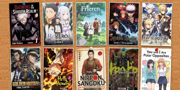 Anime watchlist graphic showing some of the best anime series of 2026 so far across action, fantasy, romance, and supernatural genres.