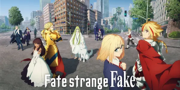 Promotional image for Fate/strange Fake featuring fantasy action, powerful servants, and a chaotic Holy Grail War setting.