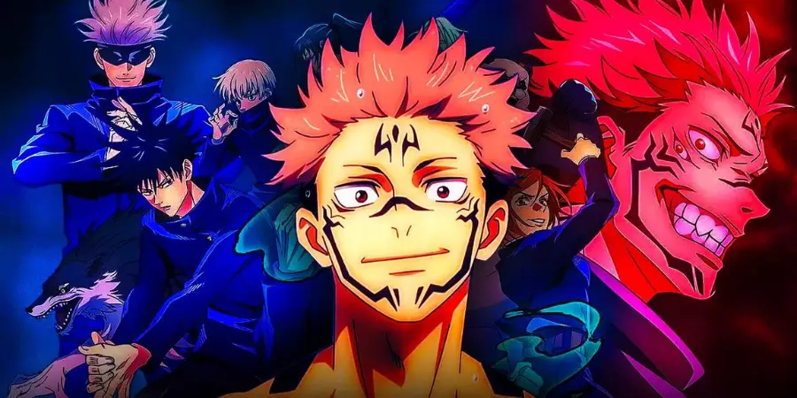 Yuji Itadori and main characters from Jujutsu Kaisen in a dark supernatural battle setting
