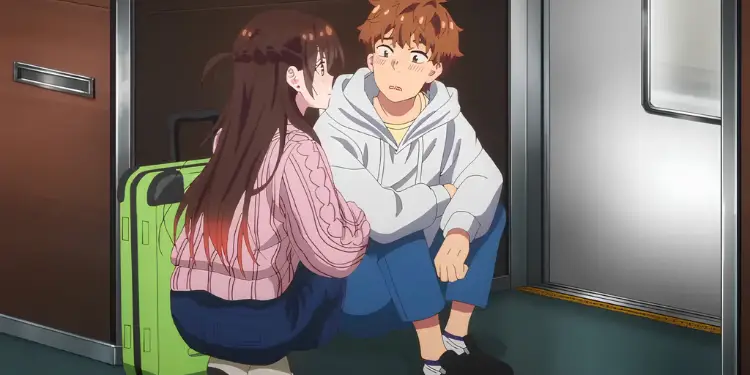 Kazuya and Chizuru sharing an awkward romantic moment in Rent-a-Girlfriend Season 4