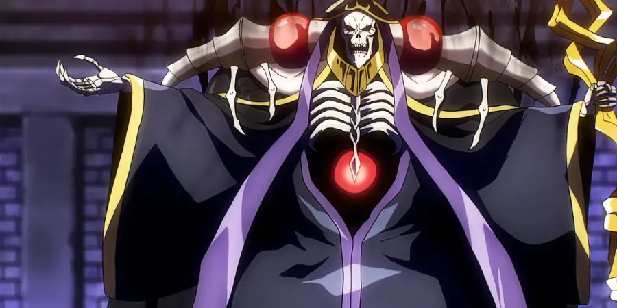 Ainz Ooal Gown from Overlord standing as an overpowered dark fantasy ruler
