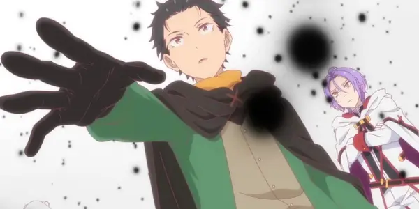 Promotional image for Re:ZERO Season 4 showing Subaru in a dark fantasy setting filled with psychological tension and danger.