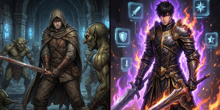 Anime-style fantasy warrior progressing from weak adventurer to powerful dungeon fighter
