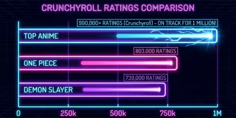 Bar chart comparing Solo Leveling, One Piece and Demon Slayer Crunchyroll ratings, with Solo Leveling reaching 990,000 ratings
