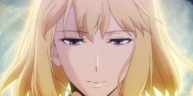 Close-up of a blonde female character with glowing purple eyes surrounded by golden light in Solo Leveling Season 2