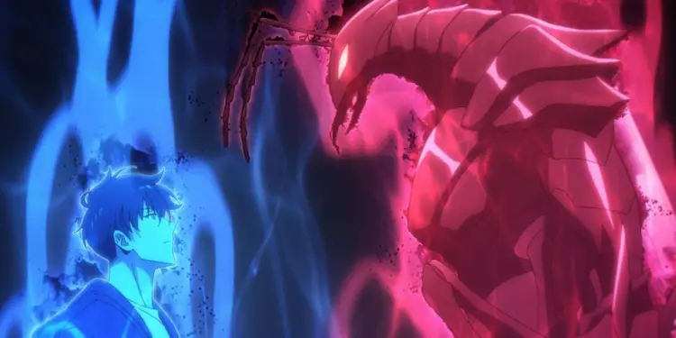 Sung Jinwoo facing a massive red-glowing monster in a tense dungeon confrontation, blue energy surrounding him
