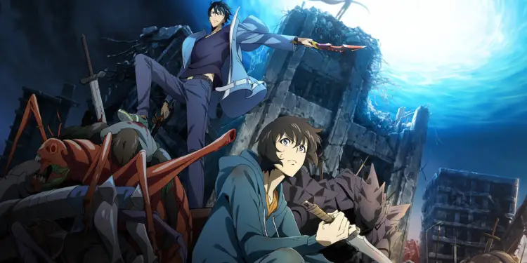 Solo Leveling key visual showing Sung Jinwoo in two moments — weak and powerful — surrounded by monsters in a destroyed city
