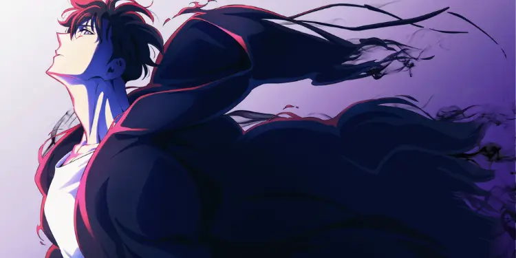 Sung Jinwoo looking upward with his dark coat flowing in the wind, cinematic Solo Leveling artwork