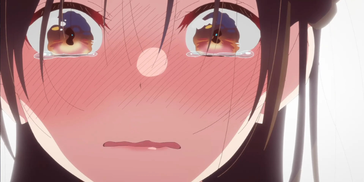 Chizuru Mizuhara crying during an emotional scene in Rent-a-Girlfriend