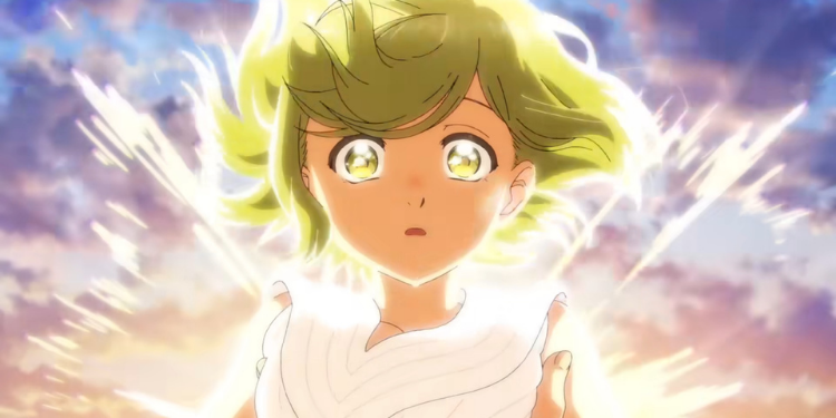 Coco, a green-haired girl with sparkling eyes, bathed in bright light in the anime Witch Hat Atelier.