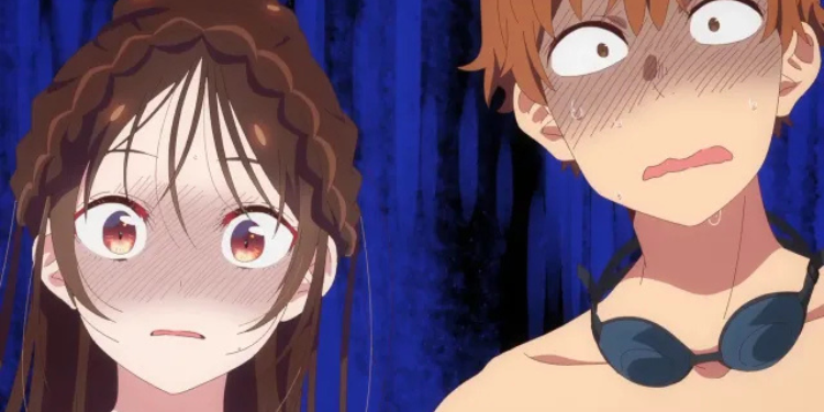 Kazuya and Chizuru reacting nervously during an awkward moment in Rent-a-Girlfriend
