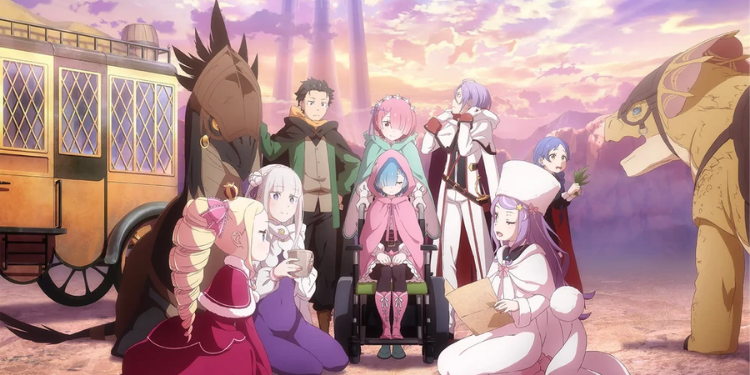 The Re:Zero cast gathered around a carriage at sunset, featuring Subaru, Emilia, Rem, and Ram among the characters.