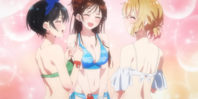 Ruka, Chizuru, and Mami smiling together during the Rent-a-Girlfriend resort arc