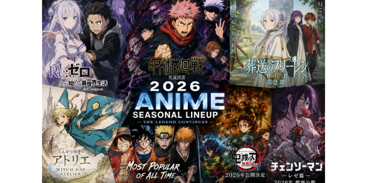 Collage of the 2026 seasonal anime lineup, featuring Re:Zero, Jujutsu Kaisen, Frieren, Witch Hat Atelier, Demon Slayer, and Chainsaw Man.