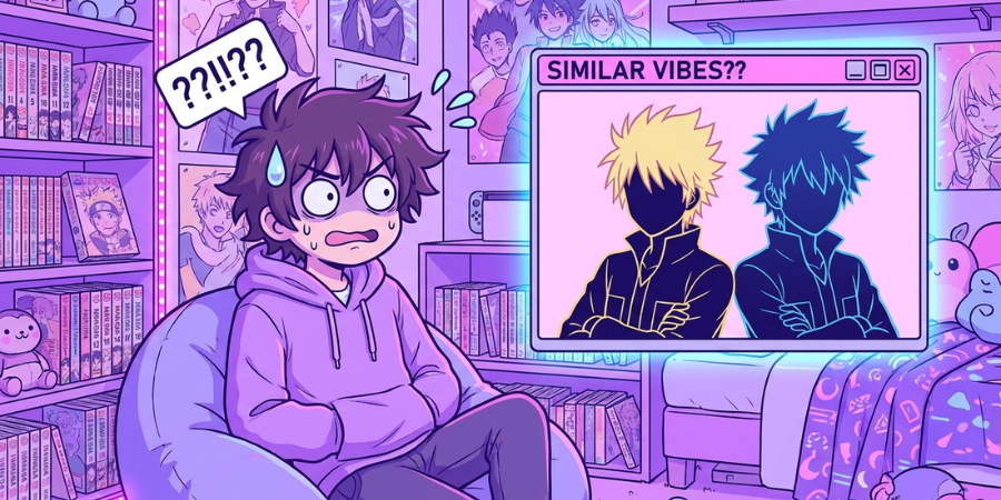 Confused anime fan in a manga-filled room reacting to two similar-looking anime characters on the screen.