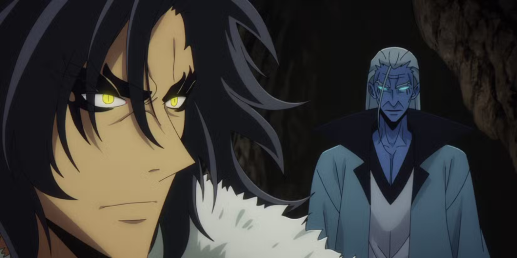A sharp-eyed character and a blue-skinned figure plotting in a dark cavern in Solo Leveling Season 2