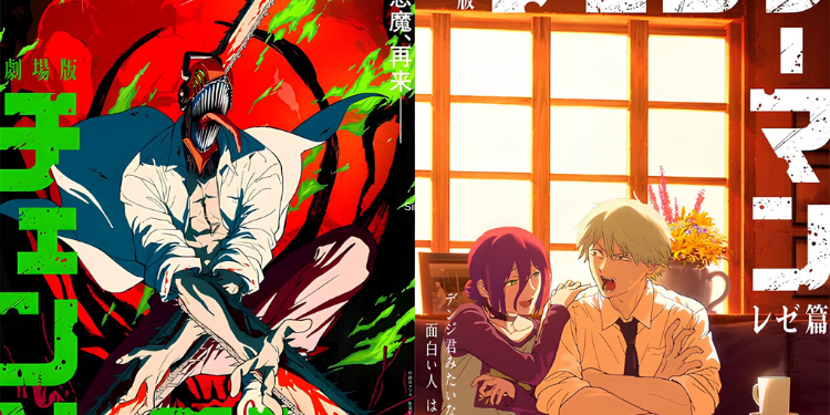 Two posters for the Chainsaw Man – Reze Arc movie: one showing the Chainsaw Man figure on a red background, the other featuring Denji and Reze at a café.