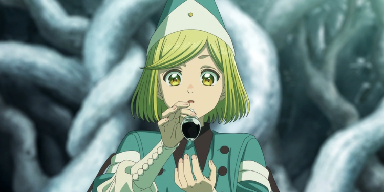 Coco holding a magical ink bottle while learning about magic in Witch Hat Atelier