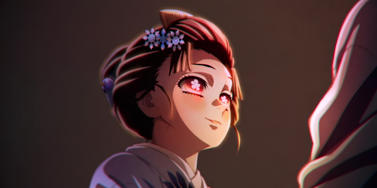 Female character from Demon Slayer with a flower hairpin and kimono, under soft, dramatic lighting.