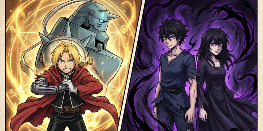 Anime-style comparison between Edward and Alphonse Elric with alchemical energy and Yuru and Asa with a darker aura.