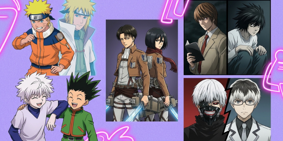 Collage comparing Naruto and Minato, Gon and Killua, Levi and Mikasa, Light and L, and Kaneki and Haise.