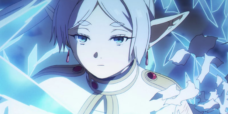 Frieren, the white-haired elf mage with pointed ears, surrounded by a blue ice magic effect in Frieren: Beyond Journey's End.