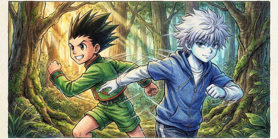 Gon Freecss and Killua Zoldyck running together through a forest, showing their strong friendship and sibling-like energy.