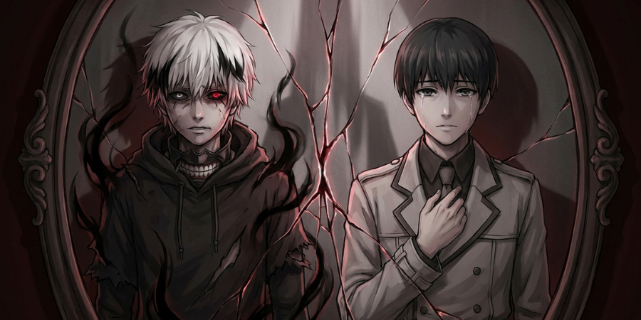 Ken Kaneki and Haise Sasaki standing before a broken mirror, representing two identities of the same character.