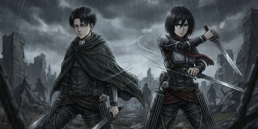 Levi Ackerman and Mikasa Ackerman standing on a rainy battlefield with military gear and blades.