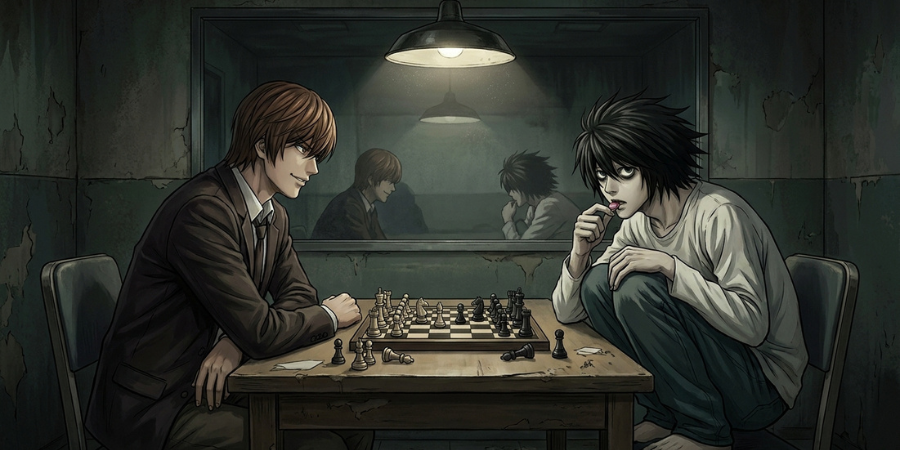 Light Yagami and L sitting face to face in a dark room while playing chess during a psychological duel.
