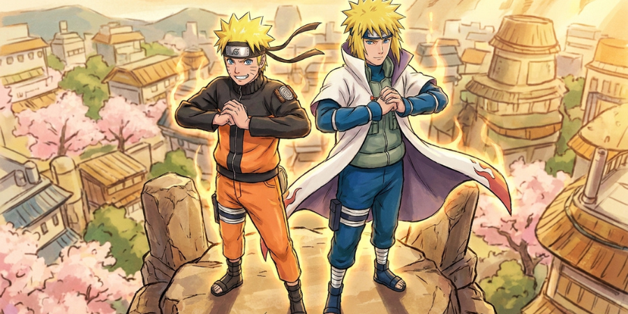 Naruto Uzumaki and Minato Namikaze standing side by side in the Hidden Leaf Village, showing their blond hair, blue eyes, and family resemblance.