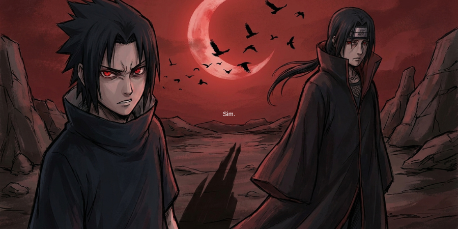 Sasuke Uchiha and Itachi Uchiha under a red moon, with intense eyes and a dark atmosphere of sibling rivalry.