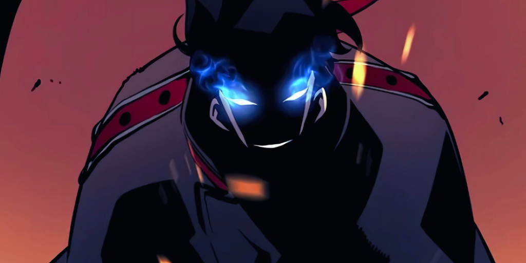 Dark armored shadow soldier with glowing blue eyes from Sung Jinwoo's army in Solo Leveling Season 2