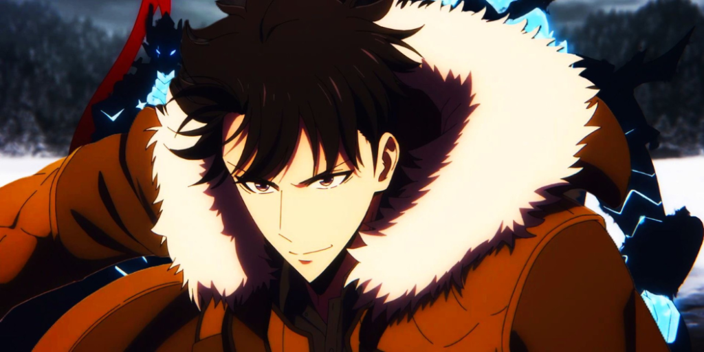 Sung Jinwoo in a fur-lined coat with a dragon-like blue shadow behind him in Solo Leveling Season 2