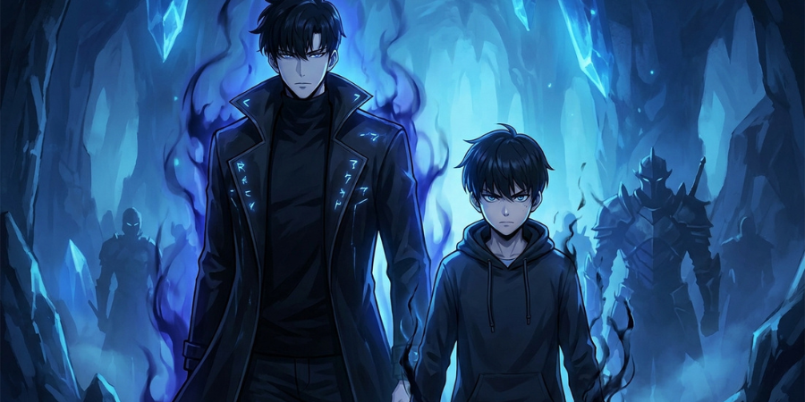 Sung Jinwoo and Sung Suho inside a blue dungeon surrounded by shadows, highlighting their father-and-son resemblance in Solo Leveling.