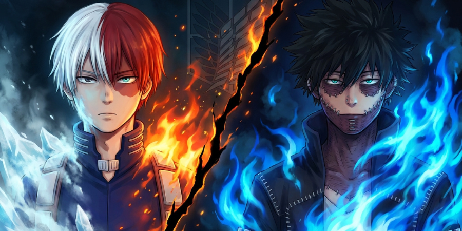 Shoto Todoroki and Dabi in a dramatic composition with ice, red fire, and blue flames highlighting their family resemblance.