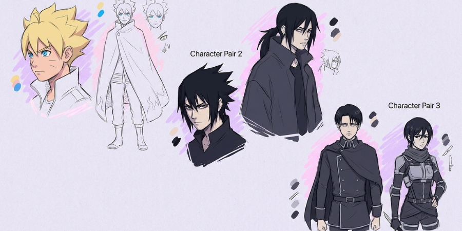 Character design board showing pairs of anime characters with similar hair, eyes, and silhouettes.