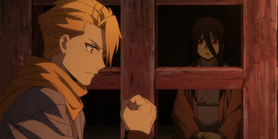 Yuru facing a mysterious girl behind a wooden window in Daemons of the Shadow Realm