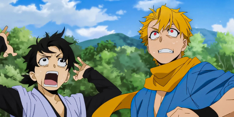 Yuru and Jiichan from Yomi no Tsugai (Daemons of the Shadow Realm) reacting with shocked, comedic expressions against a bright forest and blue sky background.