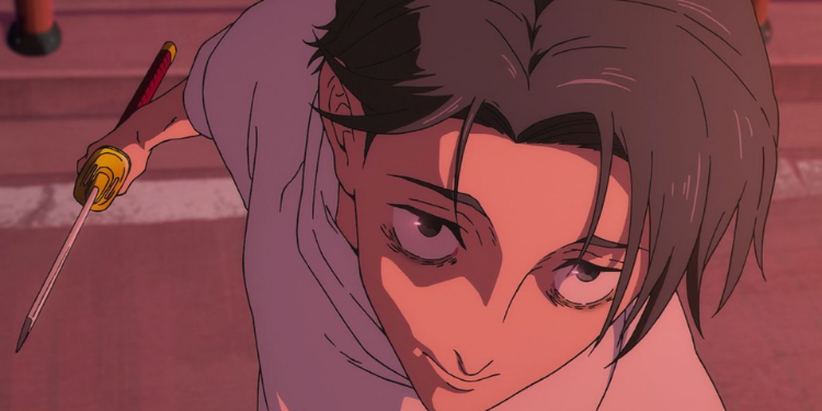 Brown-haired character holding a screwdriver in a pink-lit scene from the anime Zenshu.