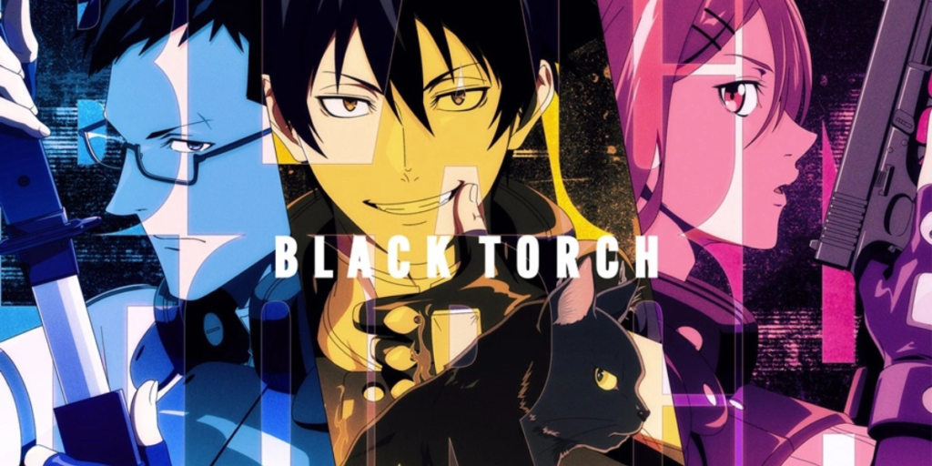 Black Torch anime key visual featuring Jiro and the main cast with a black cat