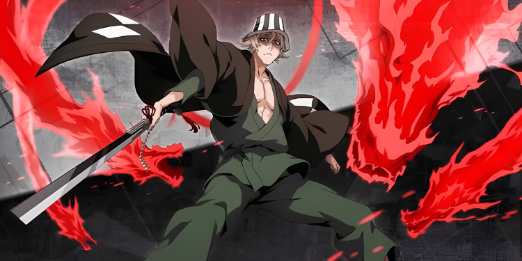 A Soul Reaper with light hair and a striped headband wielding a zanpakuto amid swirling red flame energy, wearing a dark cloak over a green hakama.