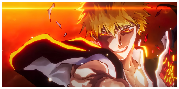 Close-up of Ichigo with a menacing hollow-like grin, glowing amber eyes, and a fiery orange background.