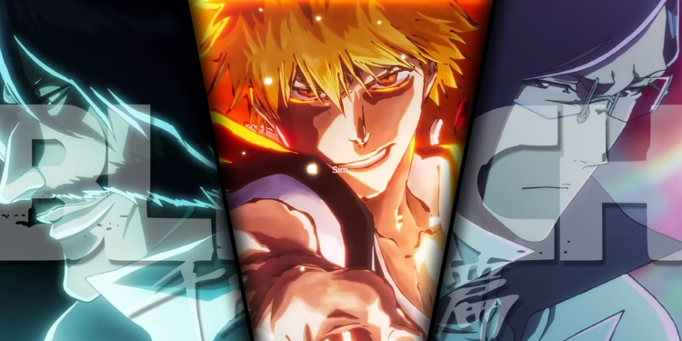 Triptych-style Bleach cover art split into three panels featuring Ichigo at the center, flanked by silhouetted characters including Uryu Ishida on the right.