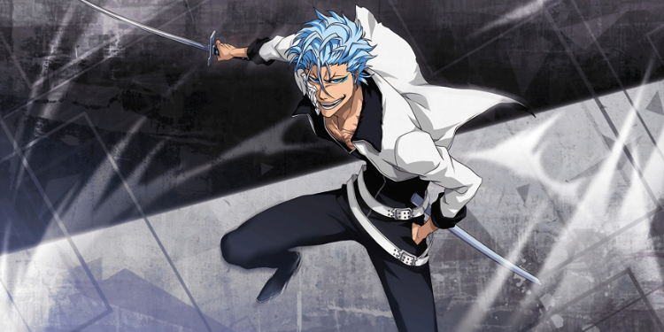 Grimmjow leaping into action with dual blades drawn, wearing his signature white jacket against a shattered grey backdrop.