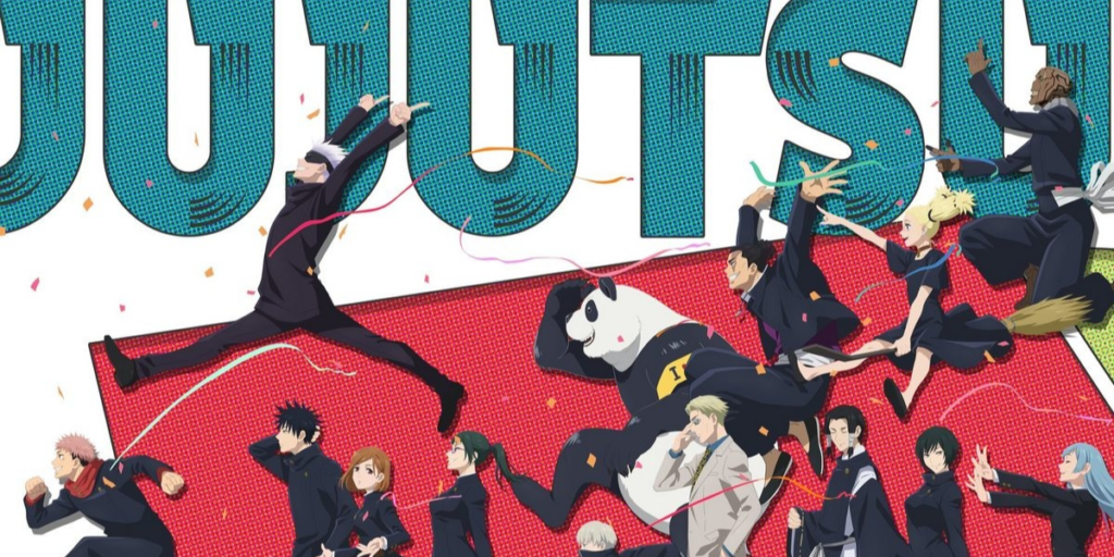 Jujutsu Kaisen characters celebrating in a colorful anniversary-style key visual