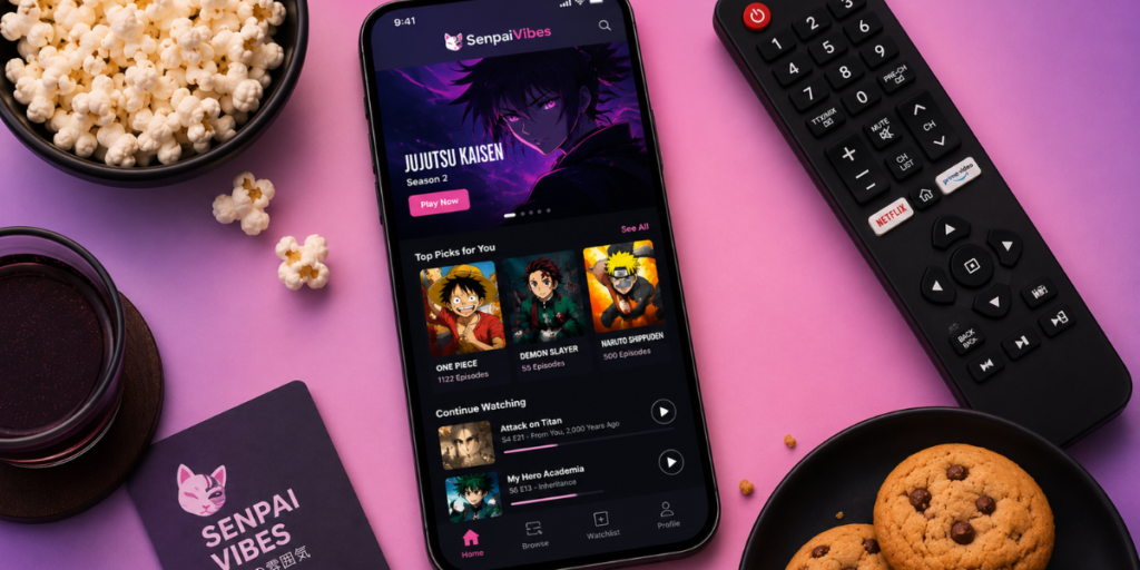 text: SenpaiVibes anime streaming app displayed on a smartphone surrounded by popcorn and a remote control