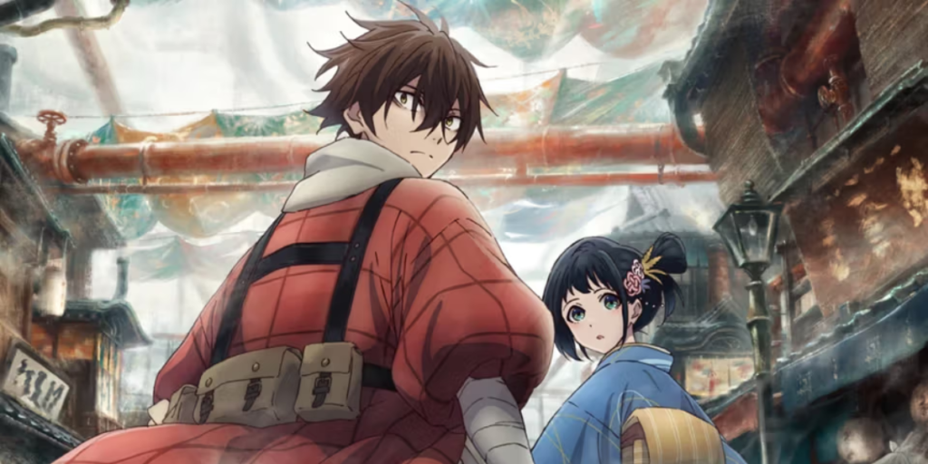 Sparks of Tomorrow's protagonists walking through an alternate-history steampunk Kyoto